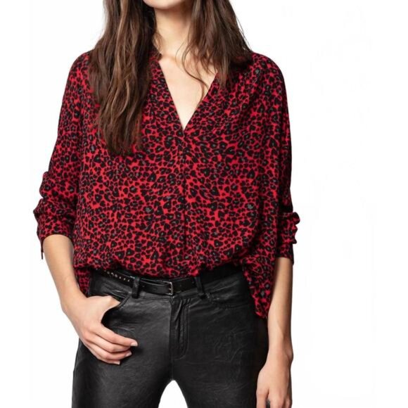 ZADIG and VOLTAIRE Top Womens Large Red Black Leopard Print Tink Leo Blouse - Picture 1 of 15